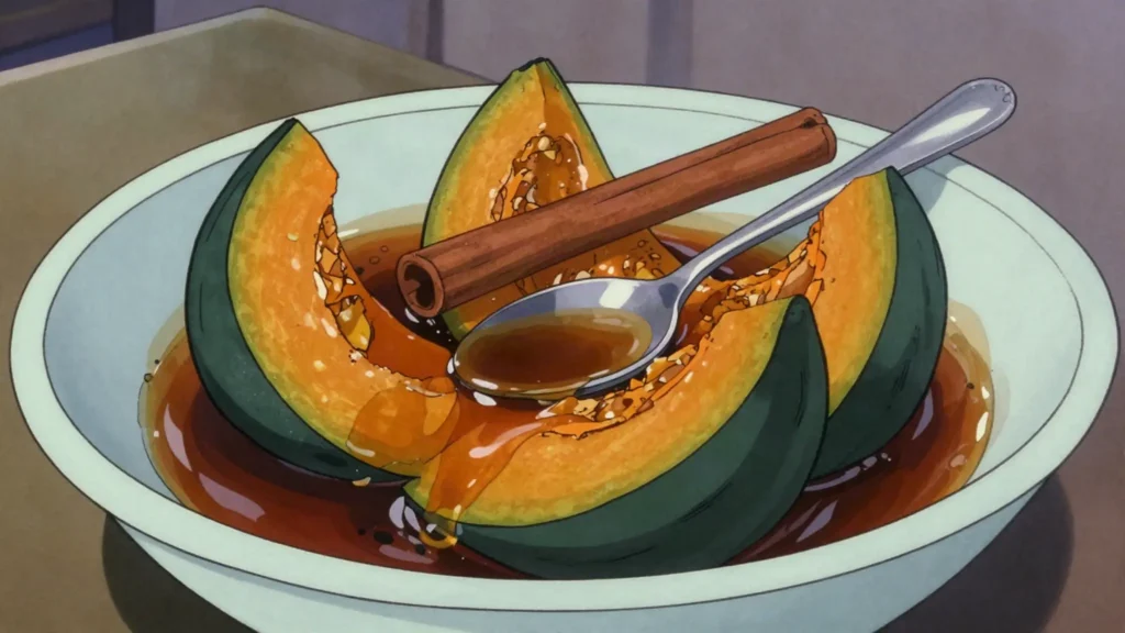 Ayote en dulce, squash simmered in panela syrup with cinnamon, eaten with the syrup, Guatemala dessert, anime style