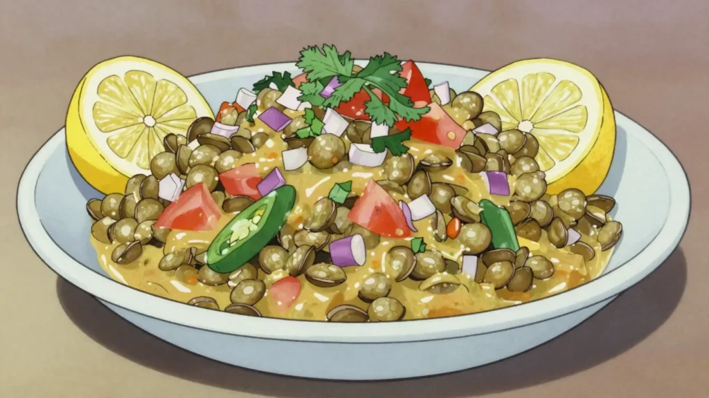 Azifa, cold green-lentil salad with mustard, onion and chili, Ethiopia salad & side, anime style