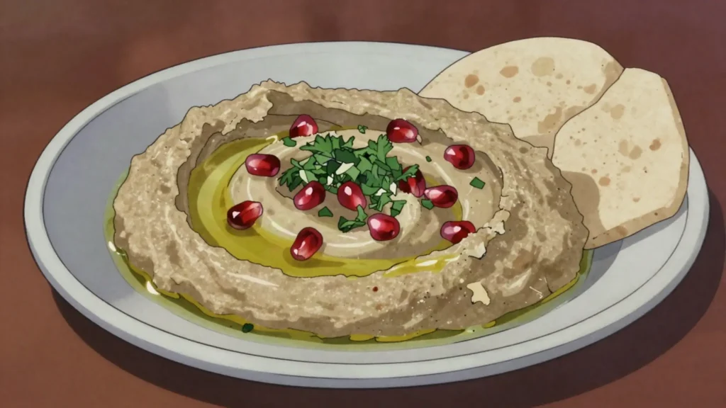 Baba ghanoush, smoky charred eggplant mashed with tahini and lemon, Lebanon salad & side, anime style