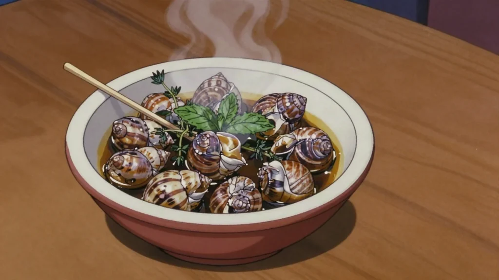 Babbouche, spiced snail broth with thyme, aniseed and liquorice root, drunk from small, Morocco street food, anime style