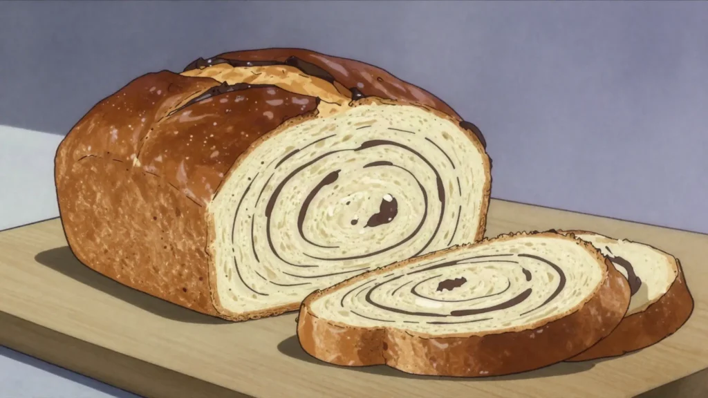 Babka, twisted yeasted loaf marbled with chocolate or cinnamon, sold in bakery slabs, Israel bread & pastry, anime style