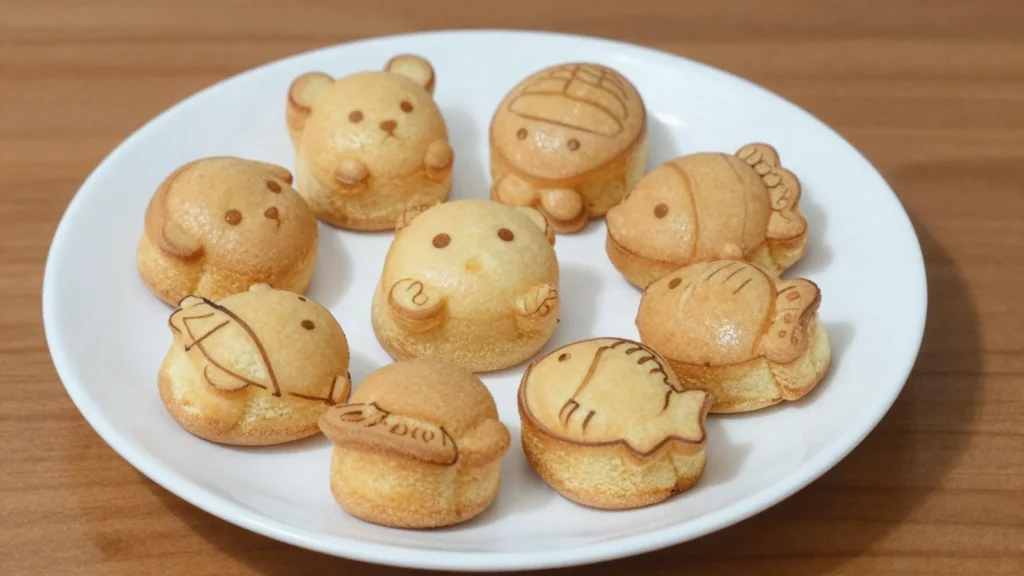 Baby Castella, small moulded egg sponge cakes sold warm in animal shapes, Taiwan street food, anime style
