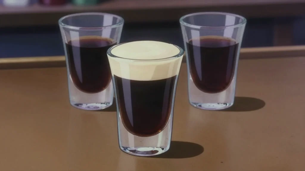 Baby Guinness, coffee liqueur shot floated with Irish cream to look like a pint, Ireland cocktail, anime style