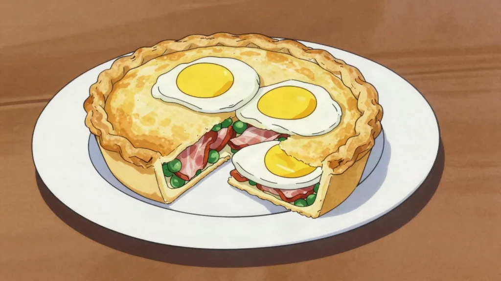 Bacon and Egg Pie, shortcrust pie of bacon rashers and whole eggs, eaten cold at picnics, New Zealand snack, anime style
