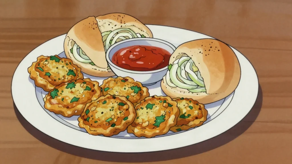 Badjias, fried bean fritters often tucked into bread rolls, Mozambique street food, anime style