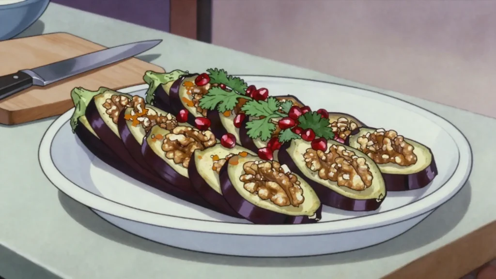 Badrijani nigvzit, fried eggplant rolls stuffed with walnut paste, Georgia salad & side, anime style