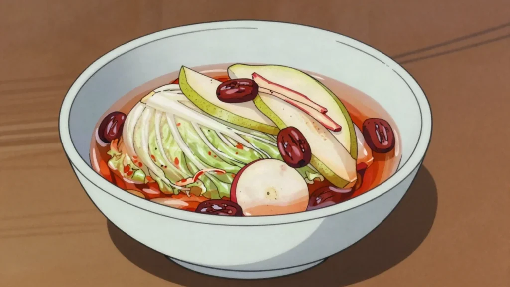 Baek Kimchi, chili-free white kimchi in clear brine with pear, jujube and, South Korea fermented & pickled, anime style