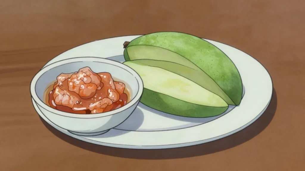 Bagoong, fermented fish or shrimp paste, salty and sharp, eaten with mango and, Philippines sauce & condiment, anime style