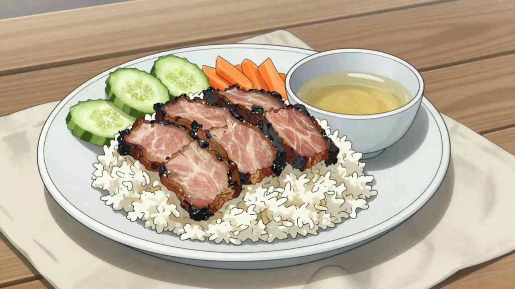 Bai Sach Chrouk, charcoal-grilled pork over broken rice with pickles, Cambodia breakfast, anime style