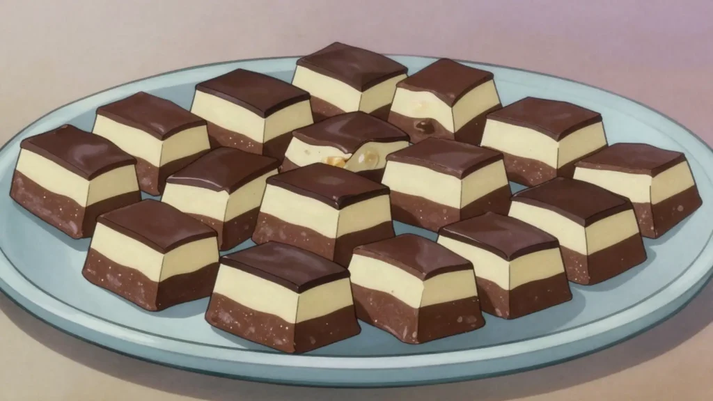 Bajadera, layered nougat praline of hazelnut and almond, sold in gold foil, Croatia dessert, anime style