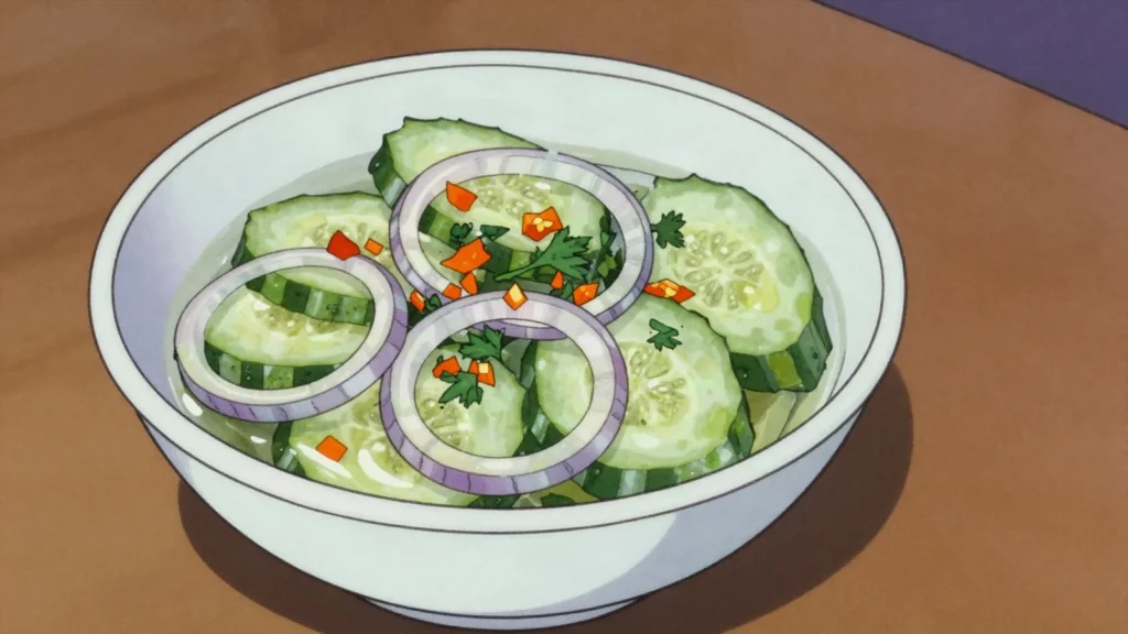 Bajan pickle, cucumber, onion and hot pepper in lime and vinegar, fiercely hot, Barbados fermented & pickled, anime style