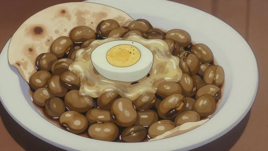 Bajilla bil dihin, boiled broad beans in their skins served over bread with hot fat and egg, Iraq street food, anime style