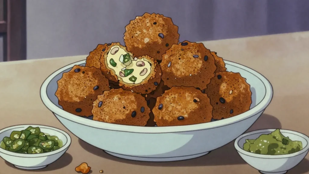 Bajiya, black-eyed pea fritters spiced with garlic and chili, Djibouti snack, anime style