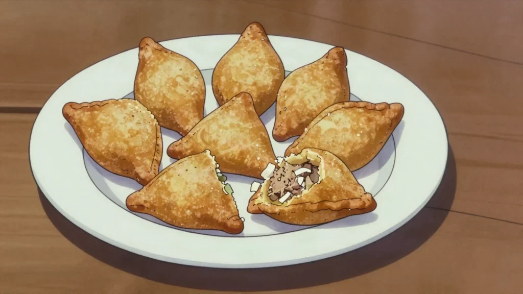 Bajiya, maldivian samosa stuffed with tuna, coconut and onion, Maldives snack, anime style