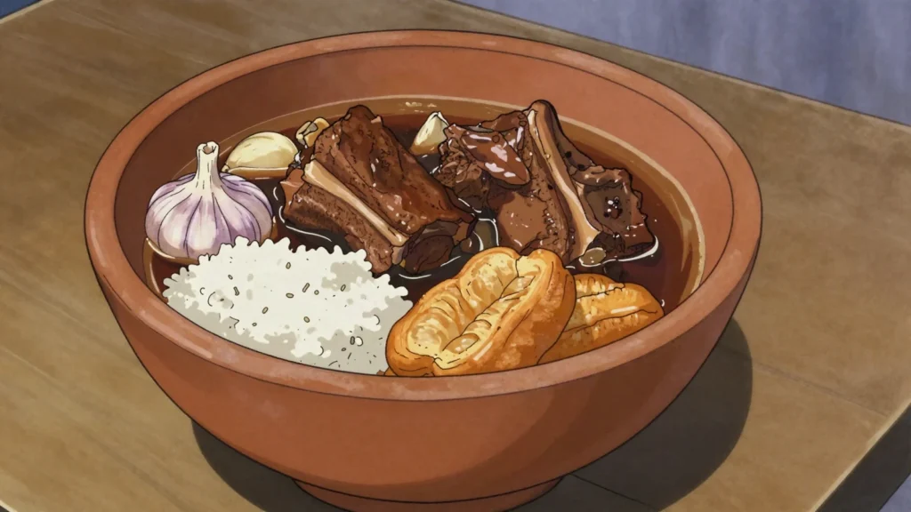 Bak Kut Teh, pork ribs simmered in dark herbal broth, Klang specialty, Malaysia soup & stew, anime style