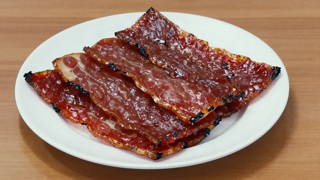 Bak Kwa, sweet, sticky sheets of pork marinated in sugar and soy, grilled over, Singapore charcuterie & cured, anime style