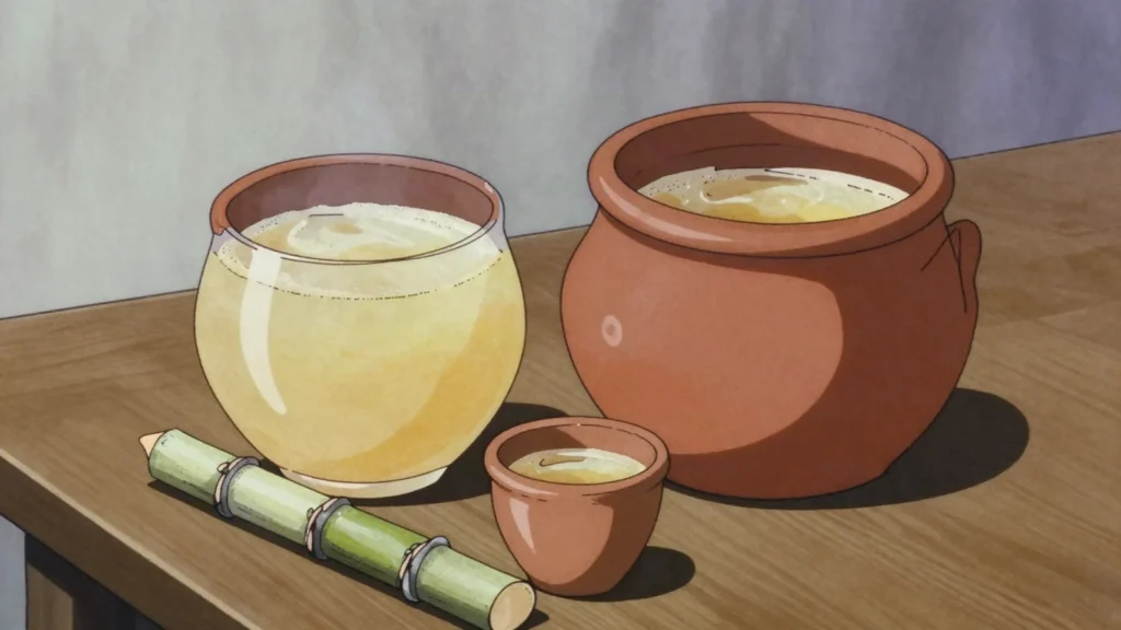 Baka, fermented sugarcane juice, cloudy and sour, drunk from the pot, Seychelles wine & spirit, anime style