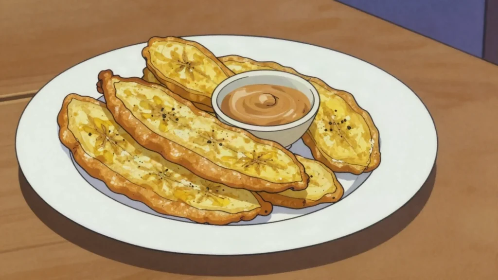 Bakabana, battered fried plantain dipped in spicy peanut sauce, Suriname snack, anime style