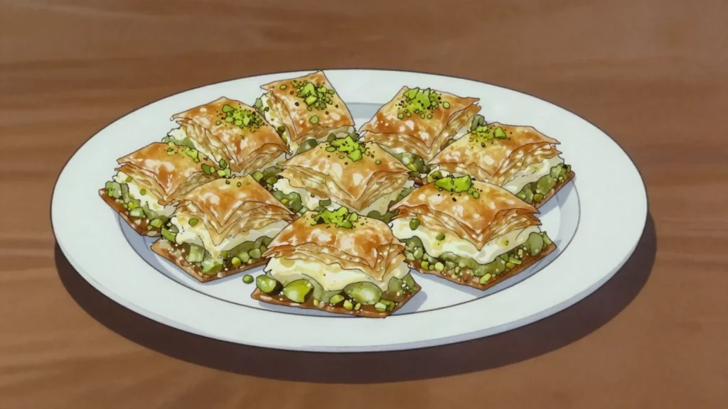 Bakalawa bil jibna, filo baklava filled with sweet cheese cream and rose water, Libya dessert, anime style