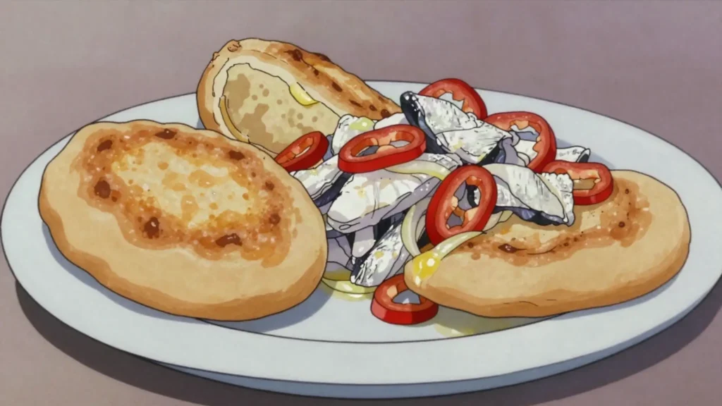 Bake and saltfish, fried dough rounds with sautéed salted cod, Guyana breakfast, anime style