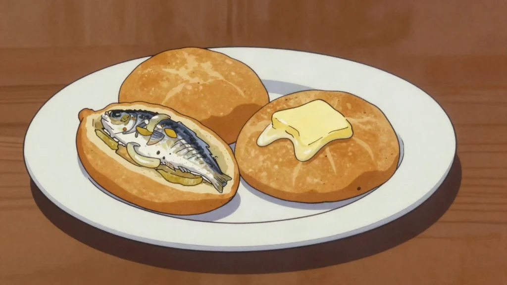 Bakes, rounds of dough fried or baked, split and filled with saltfish or, Saint Kitts and Nevis bread & pastry, anime style