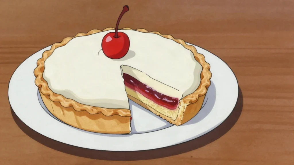 Bakewell tart, shortcrust pastry with jam and frangipane, sometimes iced with a cherry, United Kingdom dessert, anime style