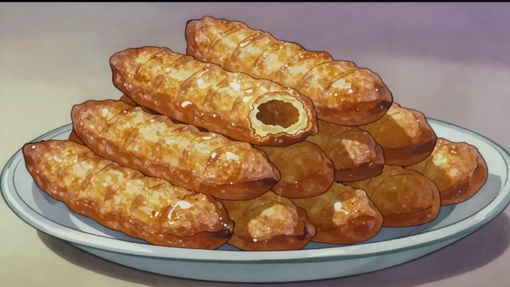 Balah el Sham, ridged fingers of choux dough fried and steeped in cold syrup, Egypt dessert, anime style