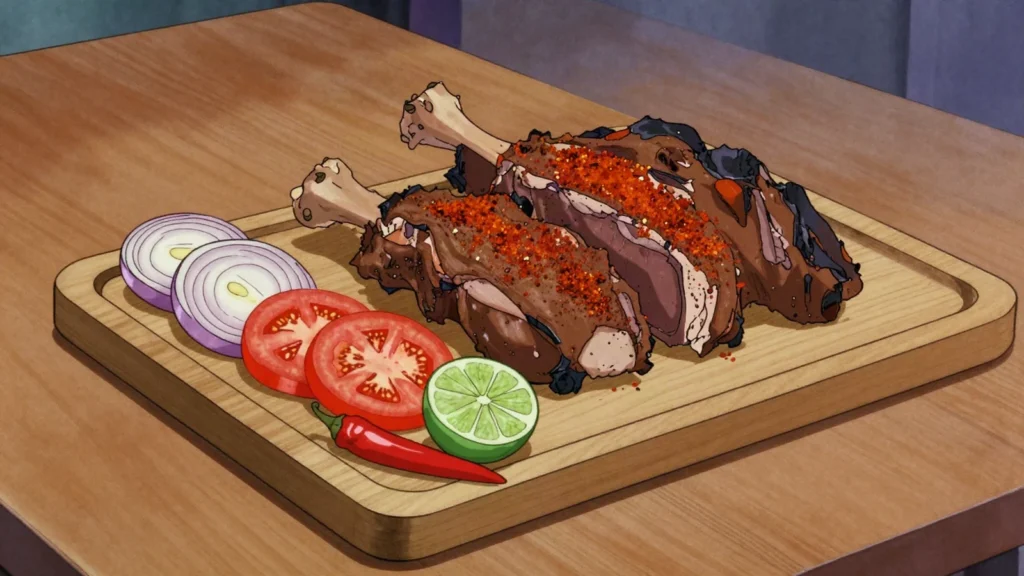 Balangu, whole cuts of mutton or beef roasted plain over embers and chopped to order, Niger street food, anime style