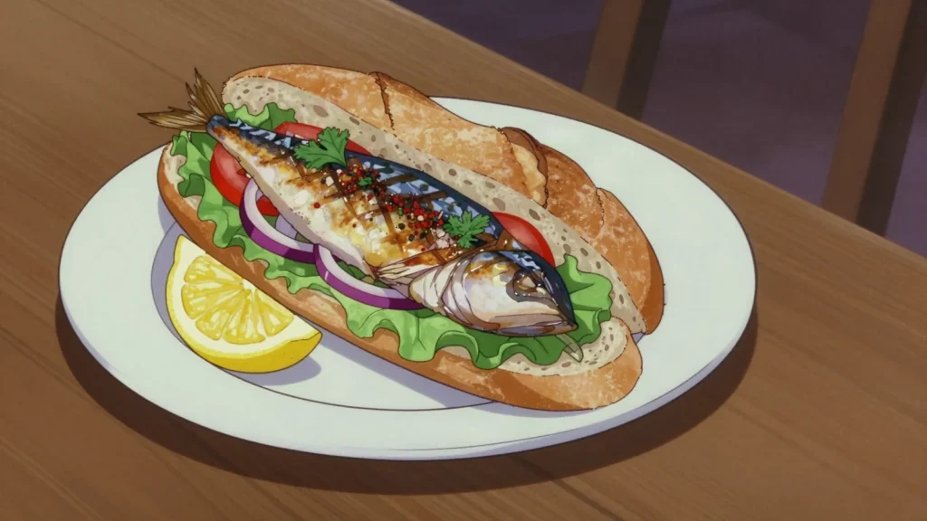 Balik ekmek, grilled mackerel sandwich with onion and greens from Istanbul's waterfront, Turkey street food, anime style