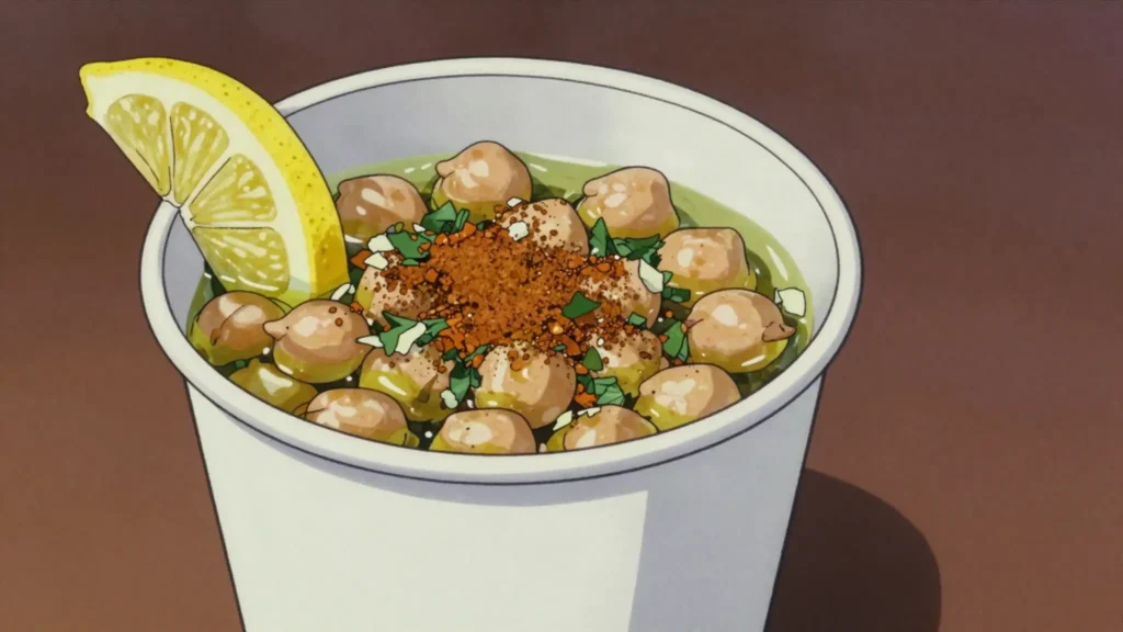 Balila, warm chickpeas dressed with lemon, garlic, cumin and olive oil, Lebanon street food, anime style