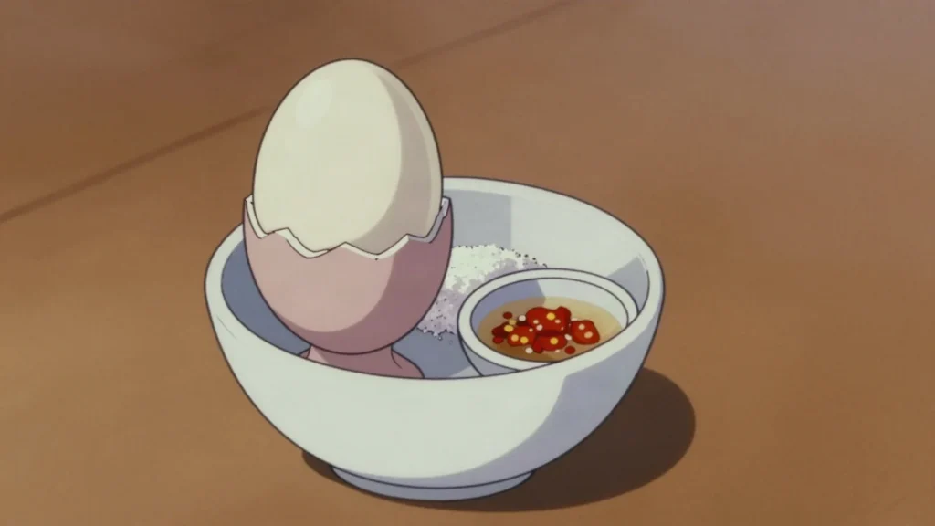 Balut, boiled fertilized duck egg with salt and vinegar, evening street ritual, Philippines street food, anime style