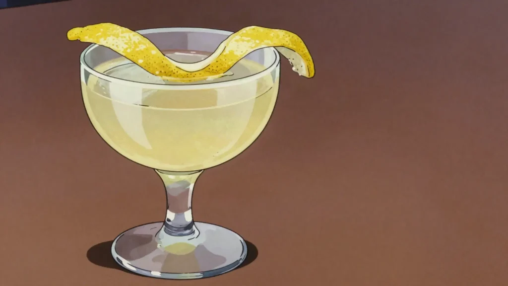 Bamboo Cocktail, dry sherry and dry vermouth stirred with bitters; light aperitif, Japan cocktail, anime style