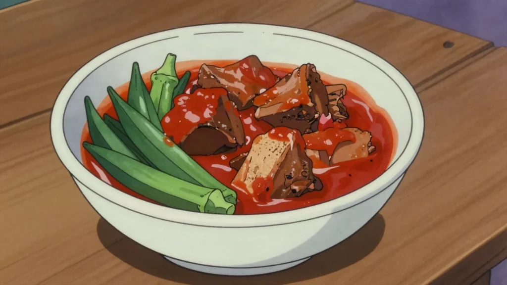 Bamia, okra stewed with lamb in tomato sauce, South Sudan soup & stew, anime style