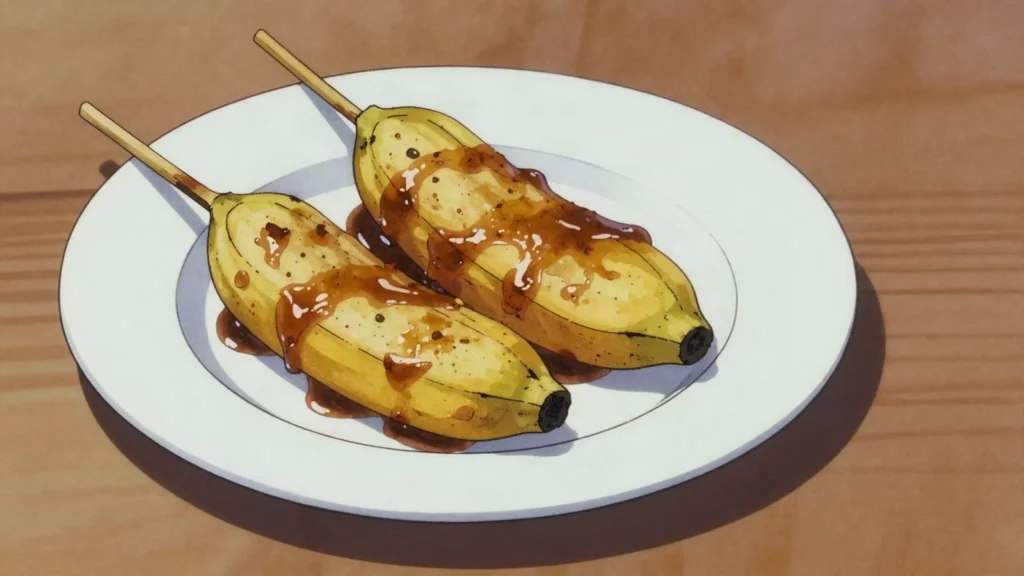 Banana Cue, saba bananas deep-fried in caramelising brown sugar and threaded on sticks, Philippines street food, anime style