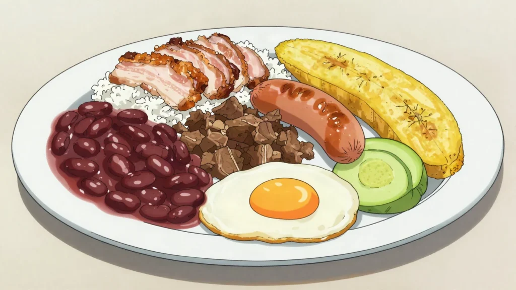 Bandeja paisa, platter of beans, rice, chicharrón, ground beef, chorizo, fried egg, avocado, Colombia main, anime style