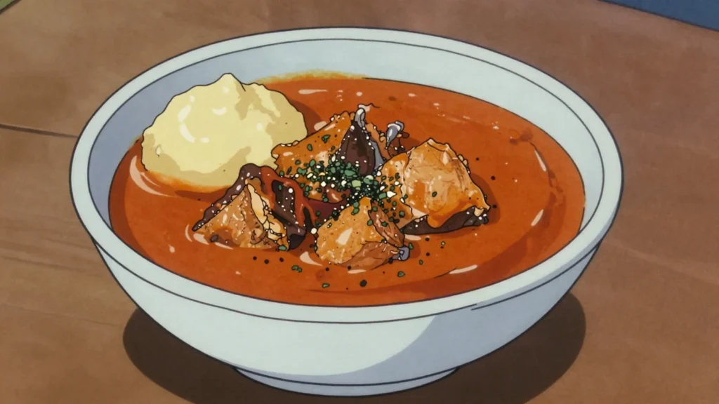 Banga soup, niger Delta palm-fruit soup with catfish, eaten with starch, Nigeria soup & stew, anime style