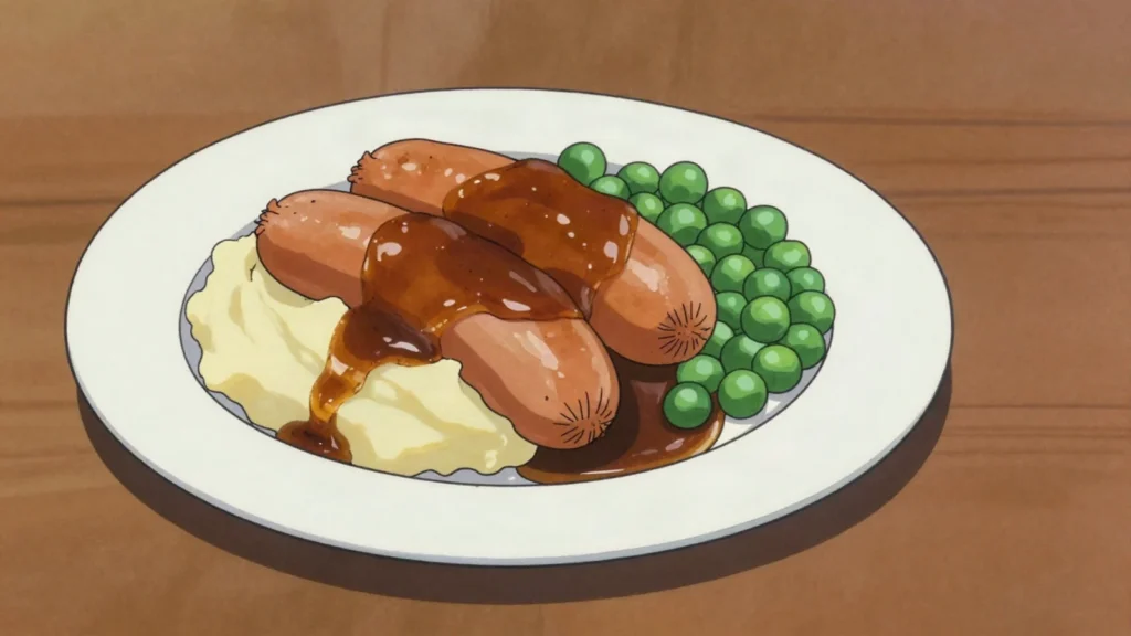 Bangers and mash, sausages on mashed potato with onion gravy, United Kingdom main, anime style