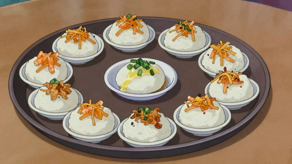 Banh Beo, hue steamed rice discs topped with dried shrimp and scallion oil, Vietnam snack, anime style