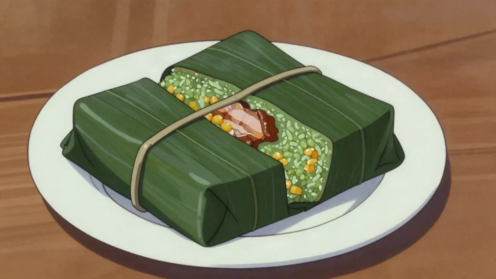 Banh Chung, square Tet cake of sticky rice, mung bean and pork in leaves, Vietnam snack, anime style