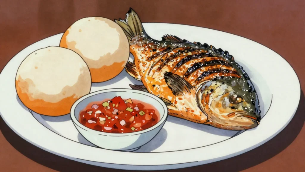 Banku, fermented corn-cassava dough with grilled tilapia and fresh pepper sauce, Ghana main, anime style