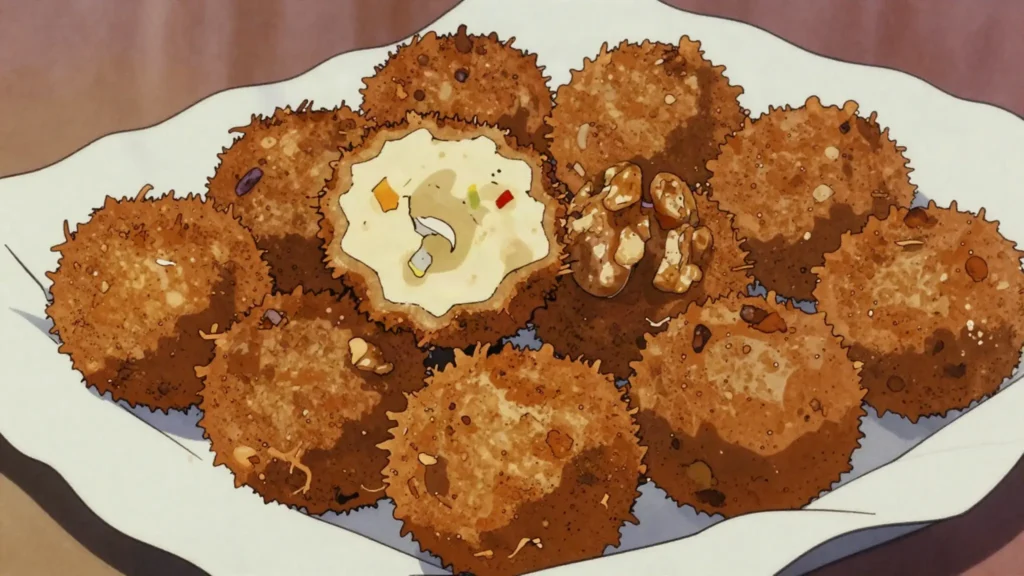 Bankye krakro, grated cassava kneaded with pepper, onion and ginger, fried into crisp balls, Ghana snack, anime style