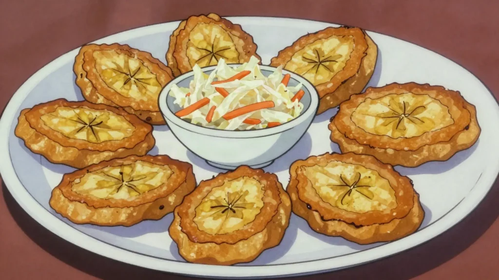 Bannann peze, twice-fried flattened plantain slices, Haiti salad & side, anime style