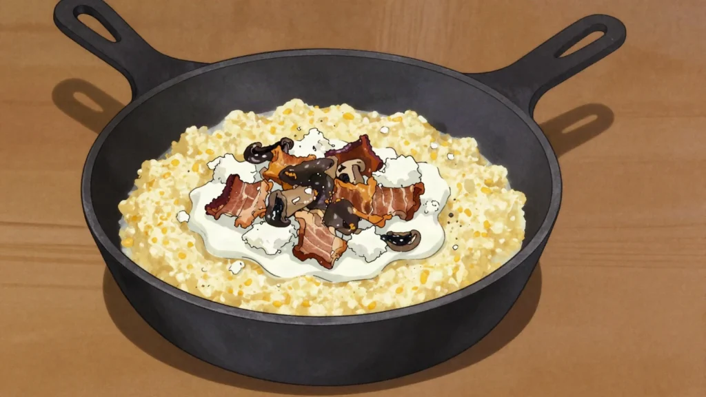 Banosh, hutsul cornmeal cooked in sour cream with bryndza, cracklings, Ukraine main, anime style