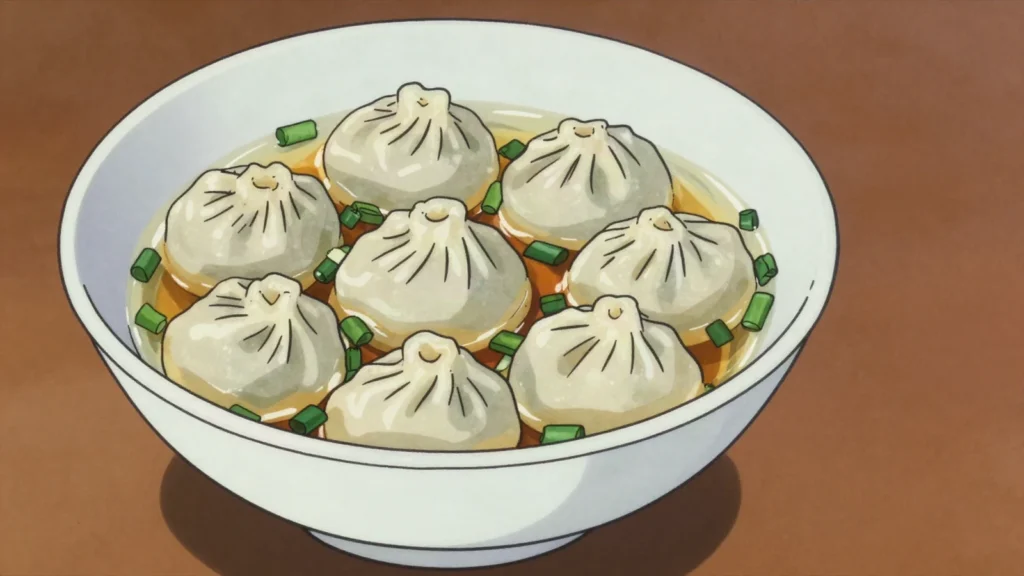 Bansh, small boiled mutton dumplings, often dropped into milk tea or broth, Mongolia main, anime style
