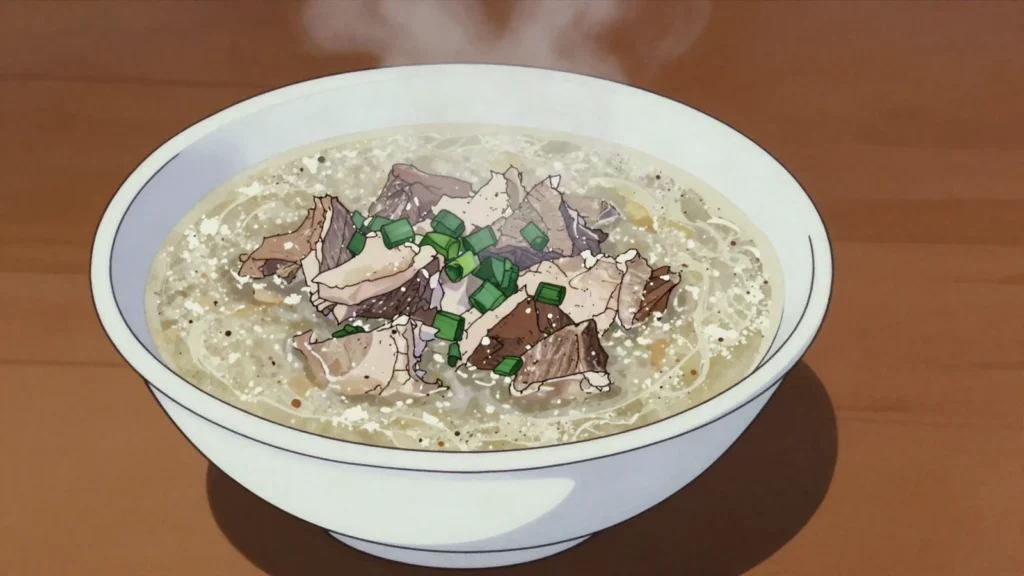 Bantan, thin gruel of flour rubbed into meat broth, given to the sick and hungover, Mongolia soup & stew, anime style