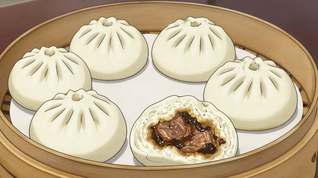 Baozi, fluffy steamed buns stuffed with seasoned pork or vegetables, China snack, anime style