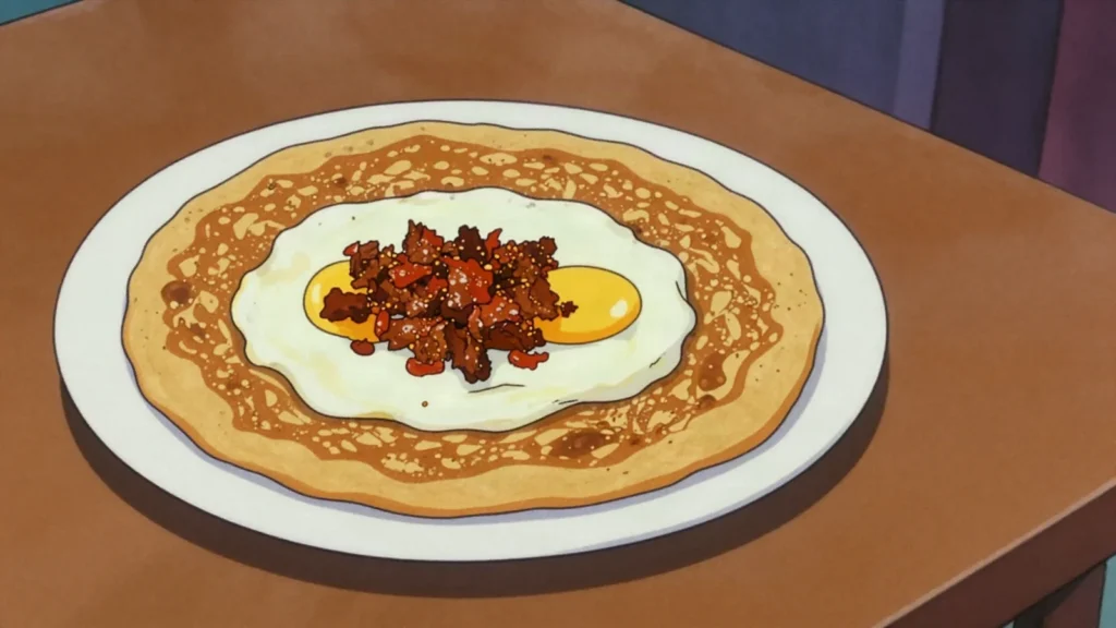 Bara, thick black-lentil pancake fried on a griddle, often topped with egg or minced buffalo, Nepal snack, anime style