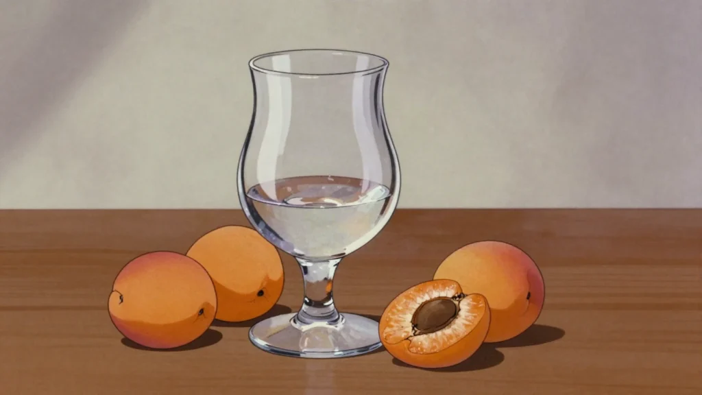 Barackpalinka, apricot brandy with intense stone-fruit nose, drunk at room temperature, Hungary wine & spirit, anime style