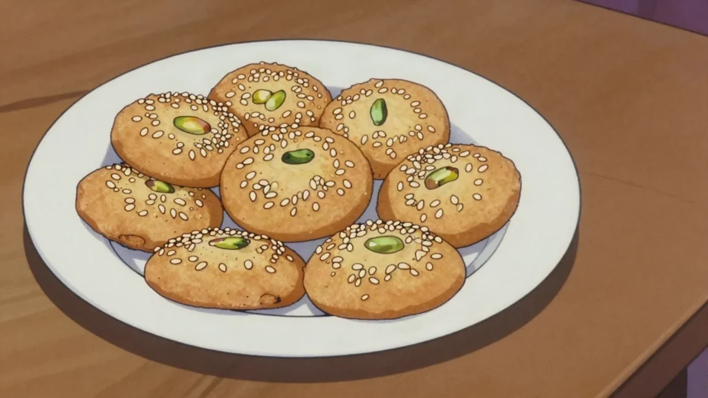 Barazek, thin crisp Damascene cookies pressed with sesame and pistachio, Syria dessert, anime style