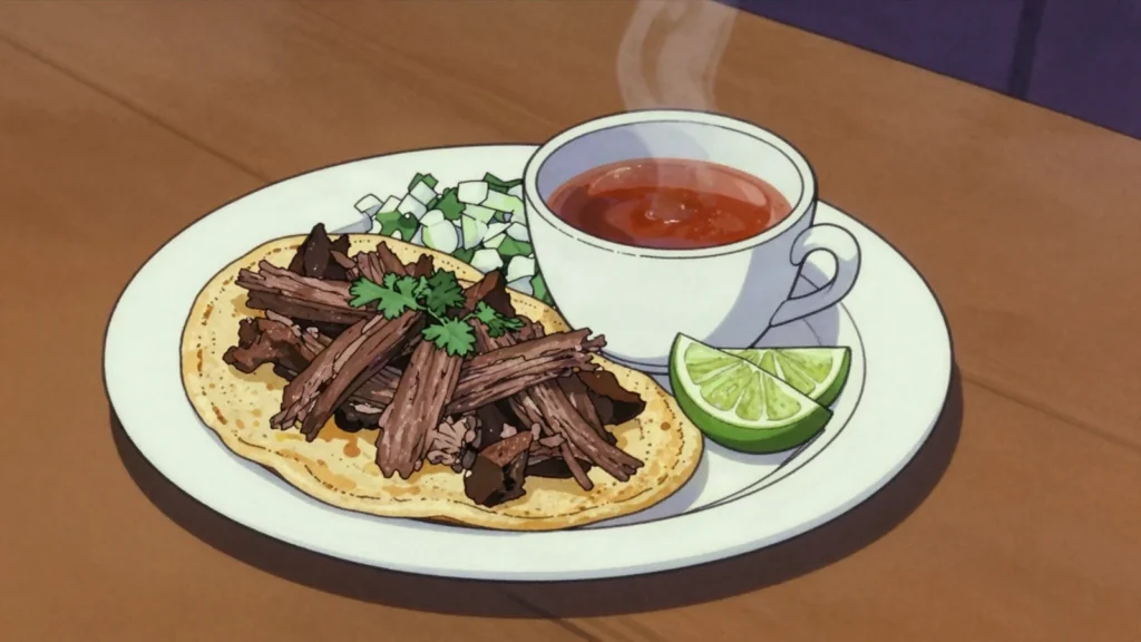 Barbacoa, pit-steamed lamb in maguey leaves, weekend taco tradition, Mexico main, anime style